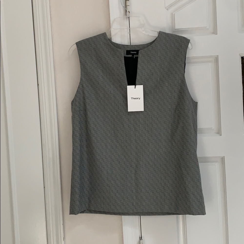 Theory Textured Check Split Neck Shell Black L